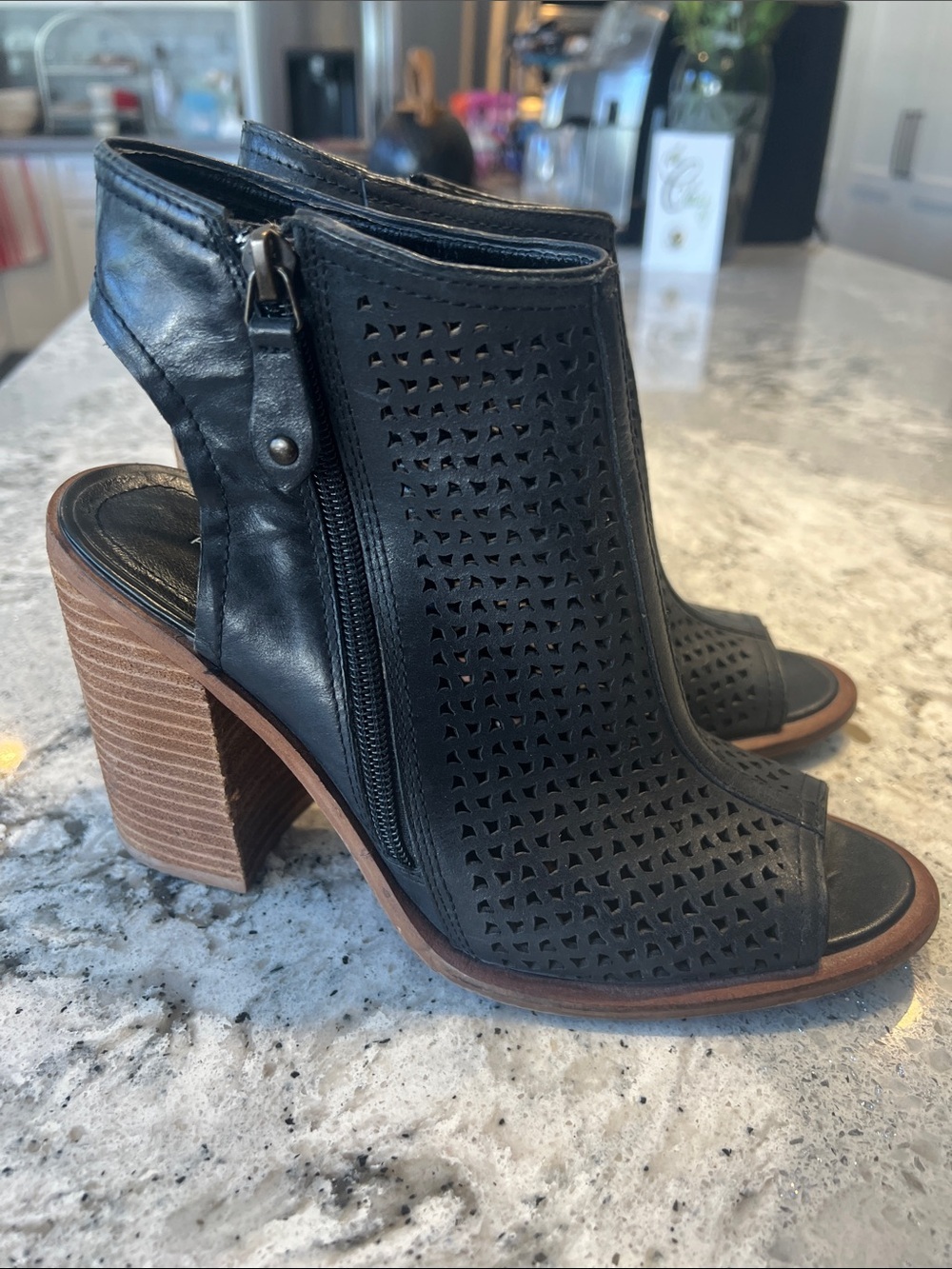 Kelsi Dagger Brooklyn Mason Perforated Black Leather Block Heel Booties 7.5